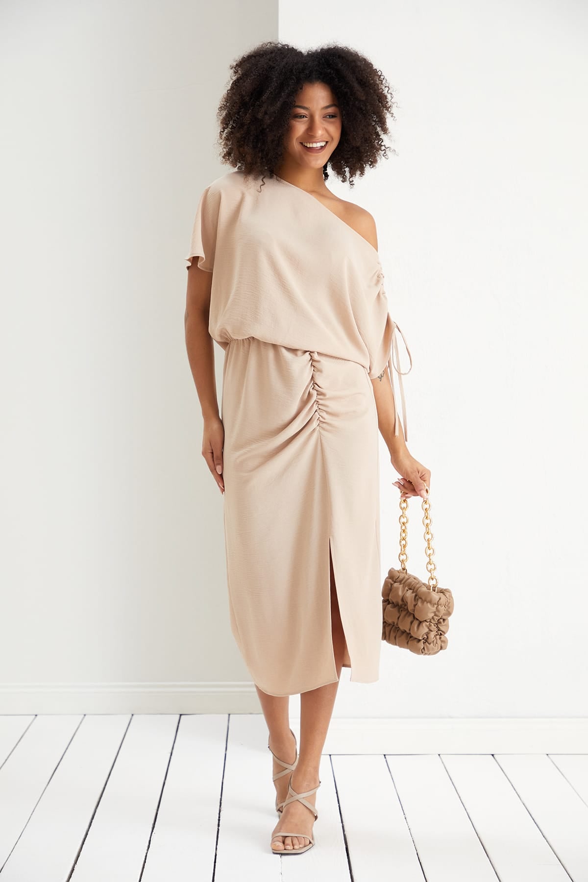 Off Shoulder Beige Midi Dress | Elegant Ruched Midi | Size 14