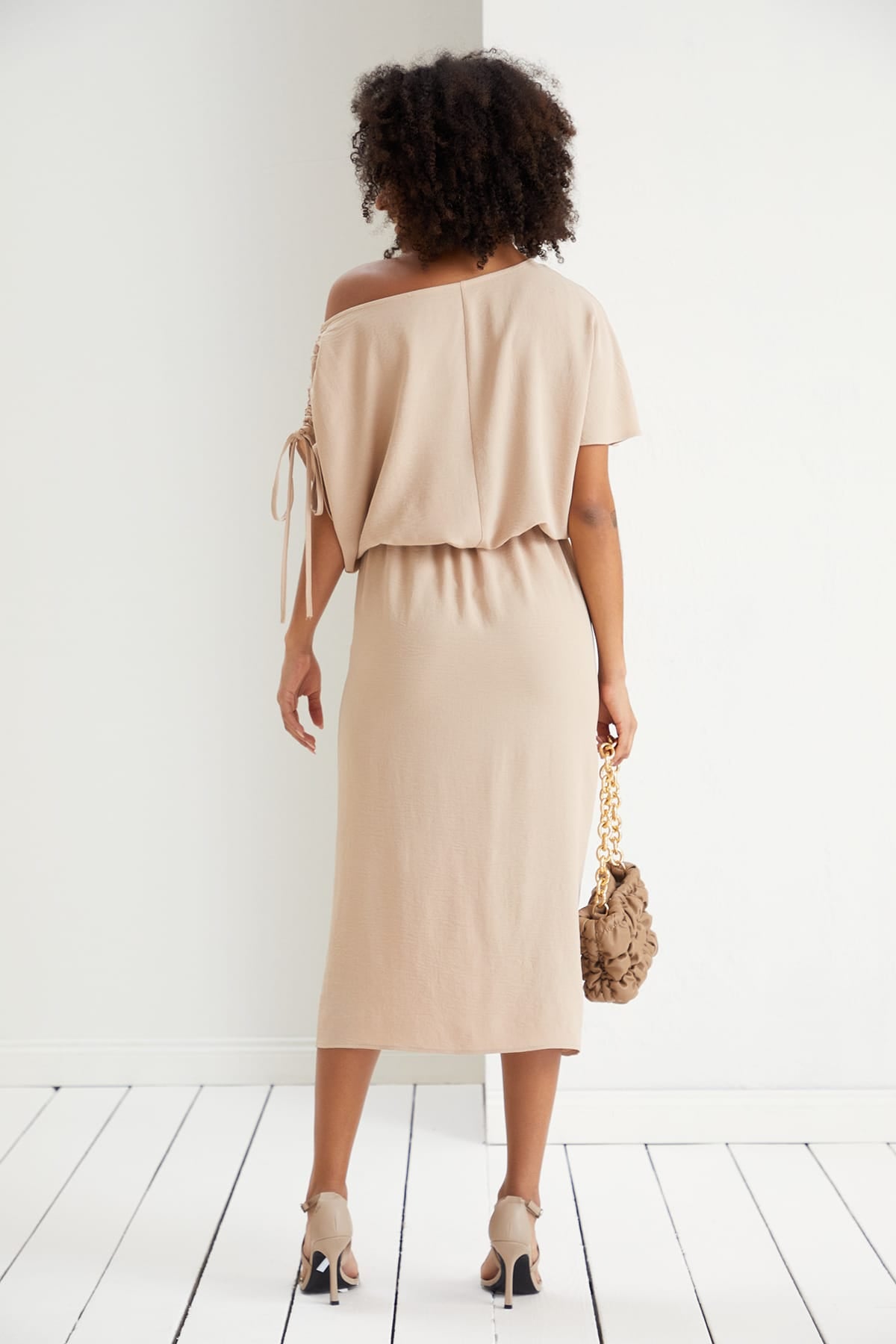 Off Shoulder Beige Midi Dress | Elegant Ruched Midi | Size 14