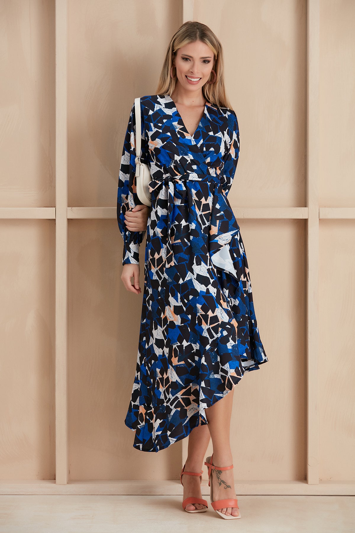 Long Sleeve Frill Midi Dress in Navy with Orange Floral Print | Size 12
