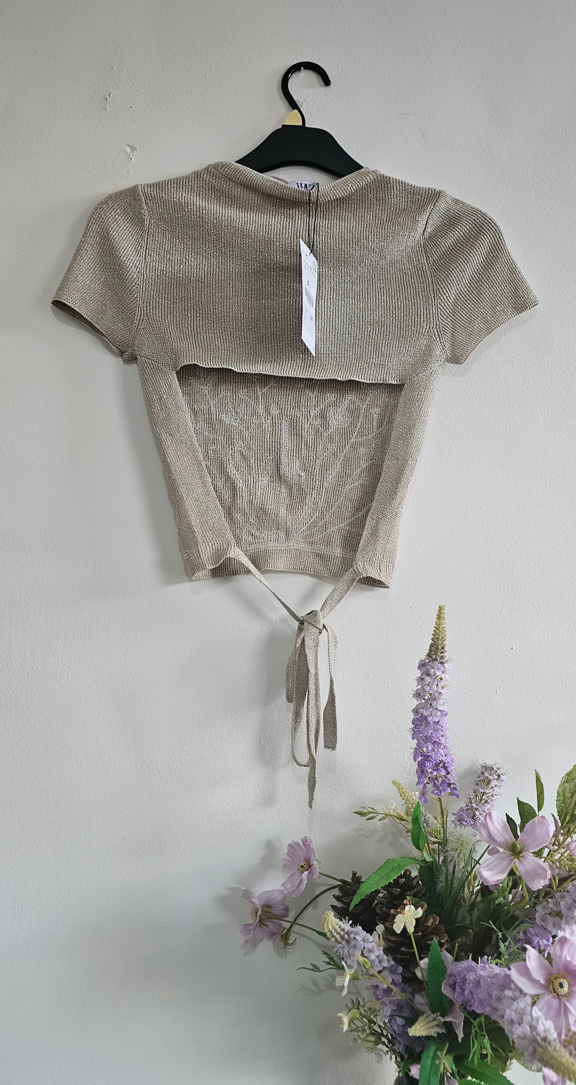 ZARA Metallic Knit Embellished Crop Top with Back Tie – Women’s Short Sleeve