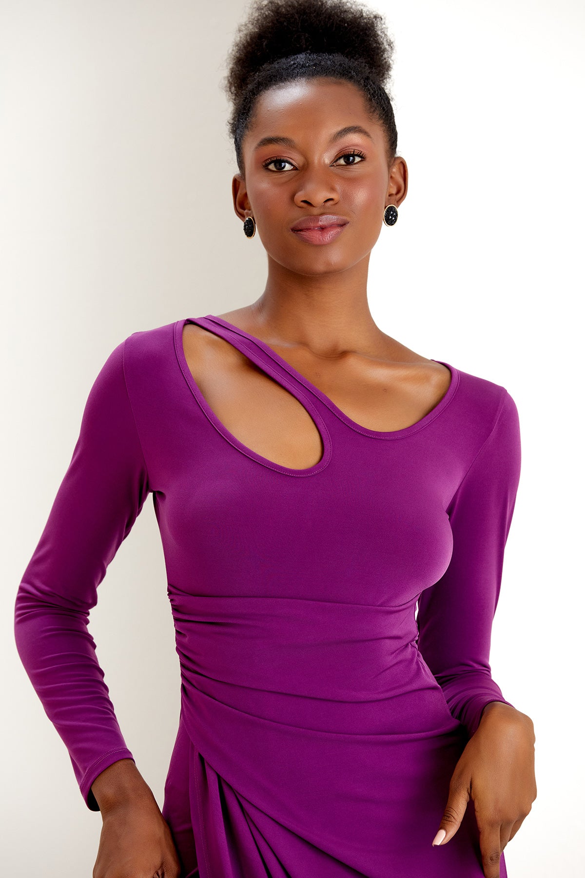 Cut-Off Neckline Wrap Style Midi Dress – Purple