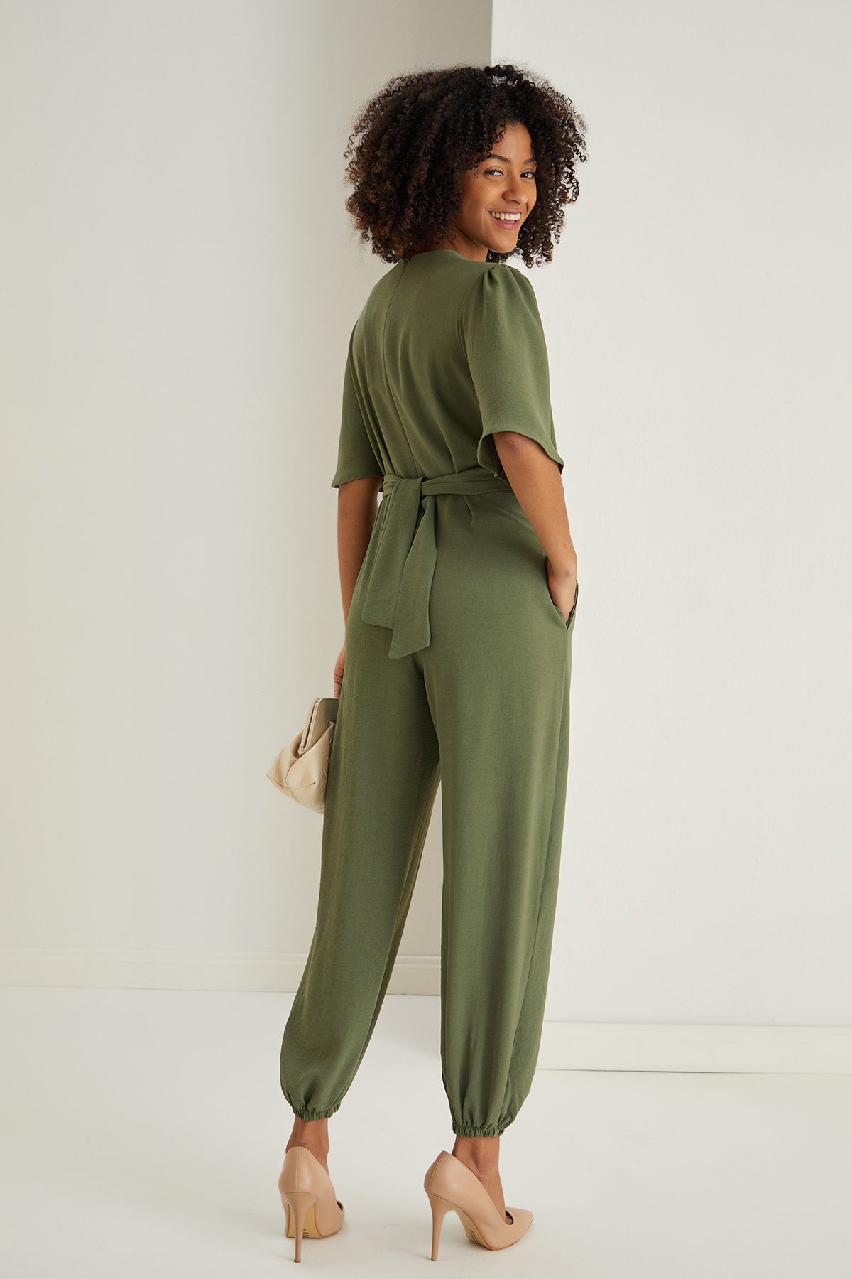 Jessica Angel Sleeve Wrap Jumpsuit in Khaki