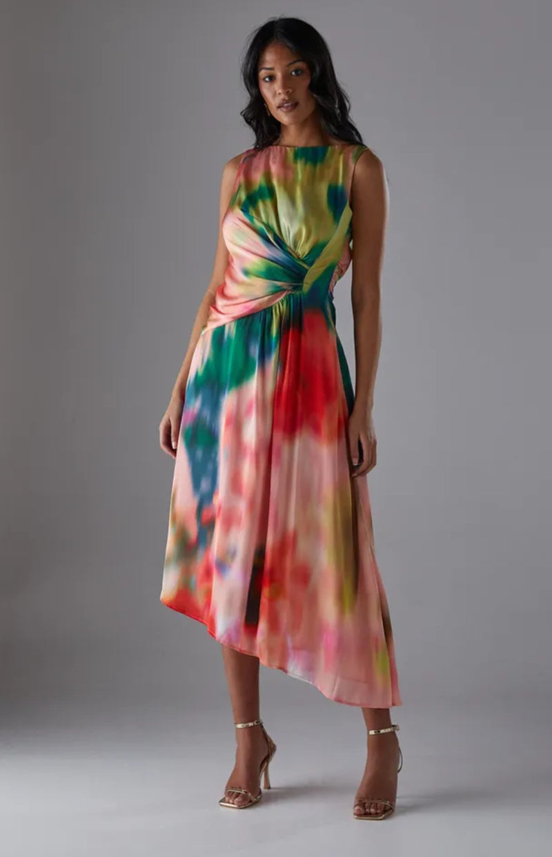 Warehouse
Printed Satin Sleeveless
Knot Front Asymmetric
Hem Midi Dress | Size 8