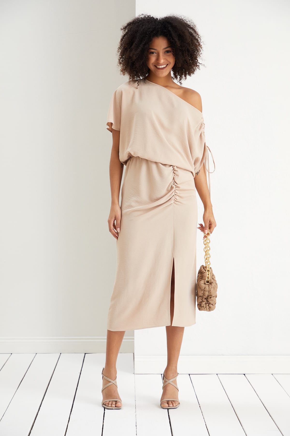 Off Shoulder Beige Midi Dress | Elegant Ruched Midi | Size 14
