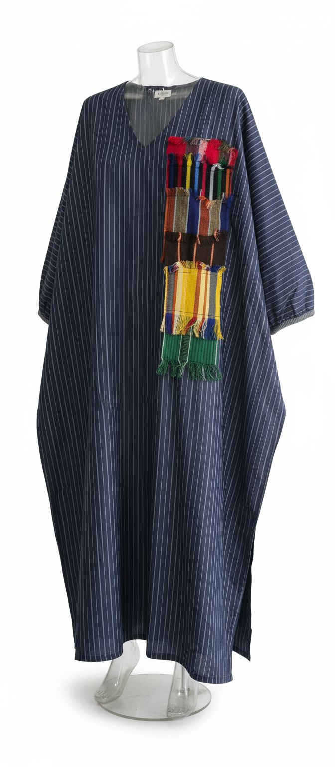 Navy Pinstripe Kaftan with Hand-Fringe Panel