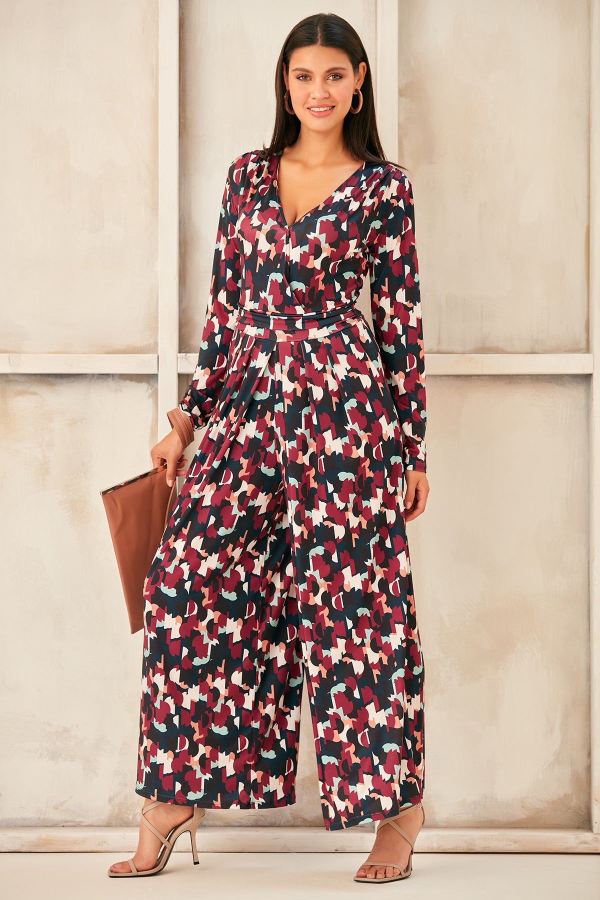Wrap, Cullotte Jump Suit in Burgundy Geo Print  Size 10