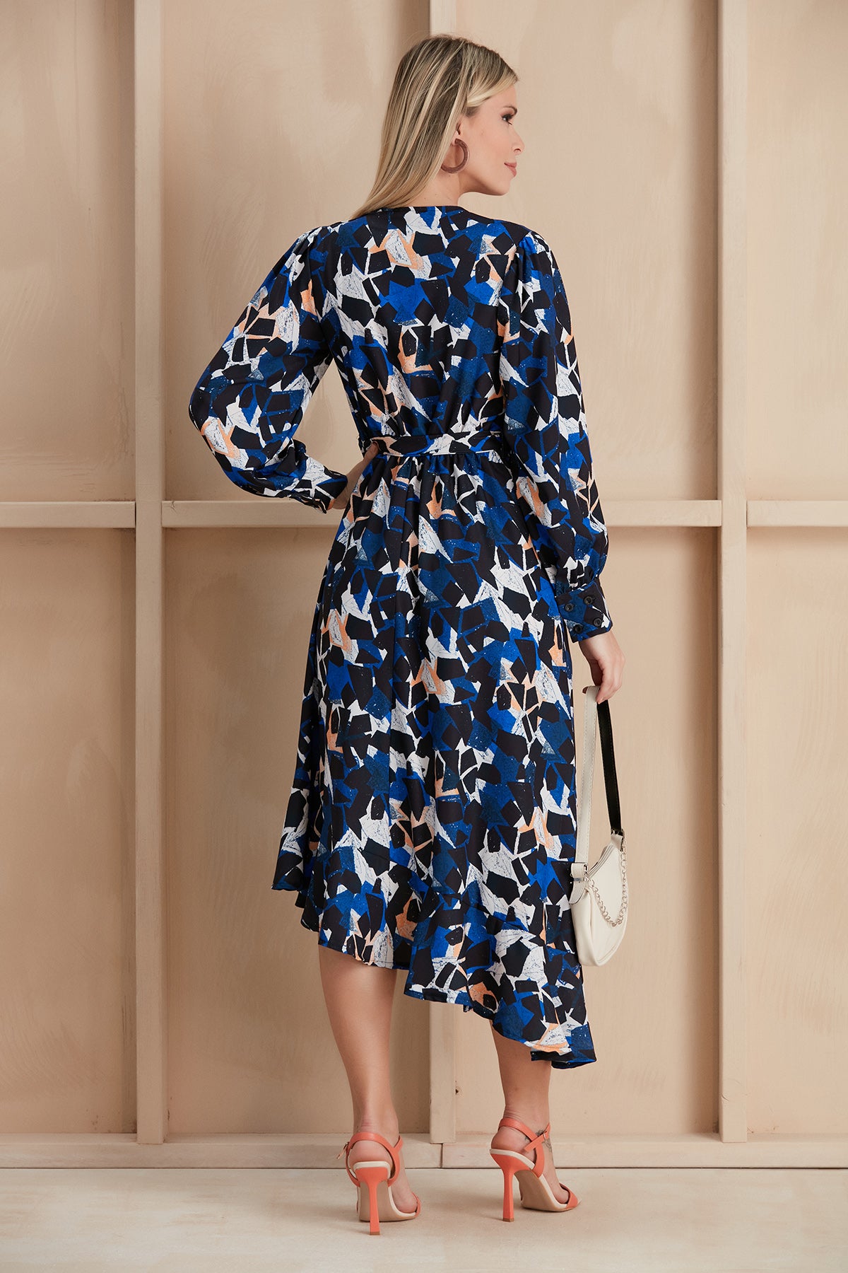 Long Sleeve Frill Midi Dress in Navy with Orange Floral Print | Size 12