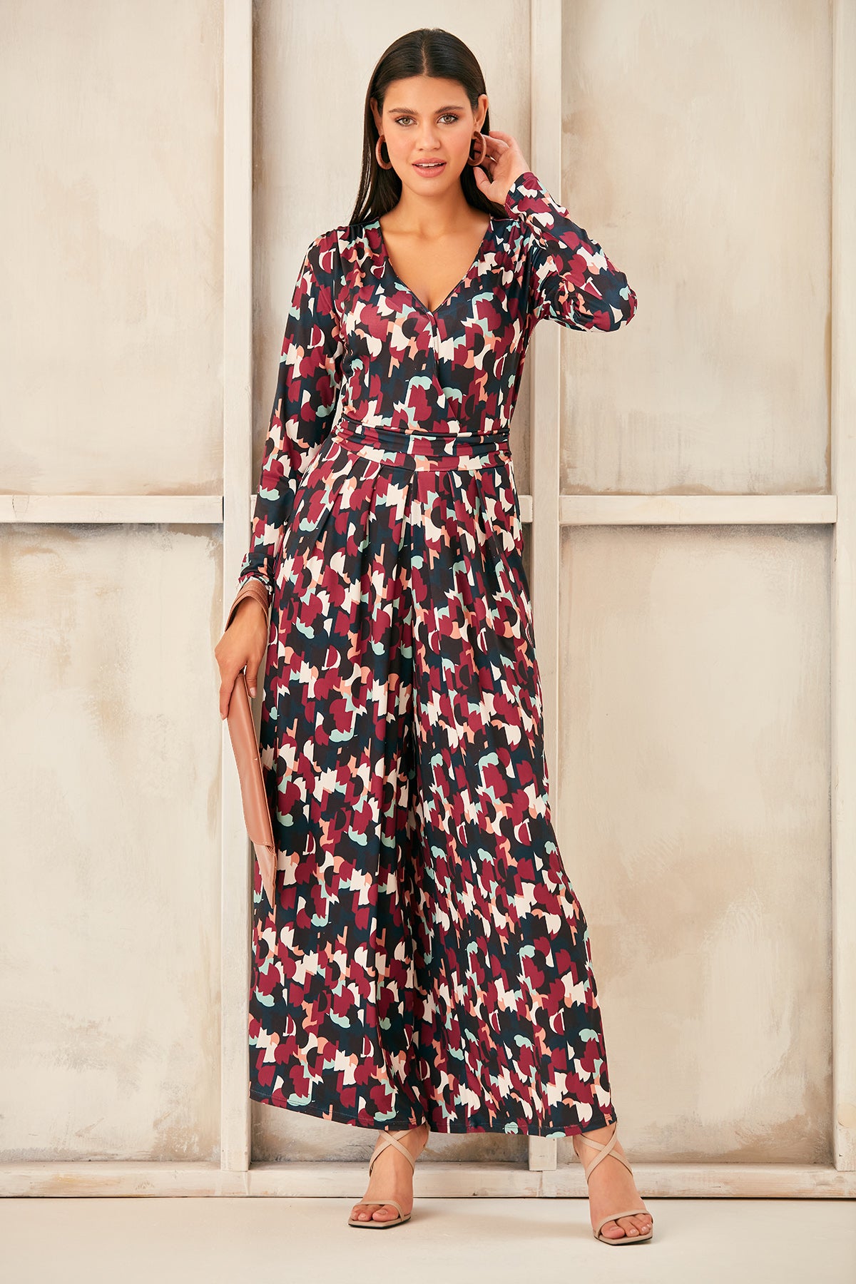 Wrap, Cullotte Jump Suit in Burgundy Geo Print  Size 10