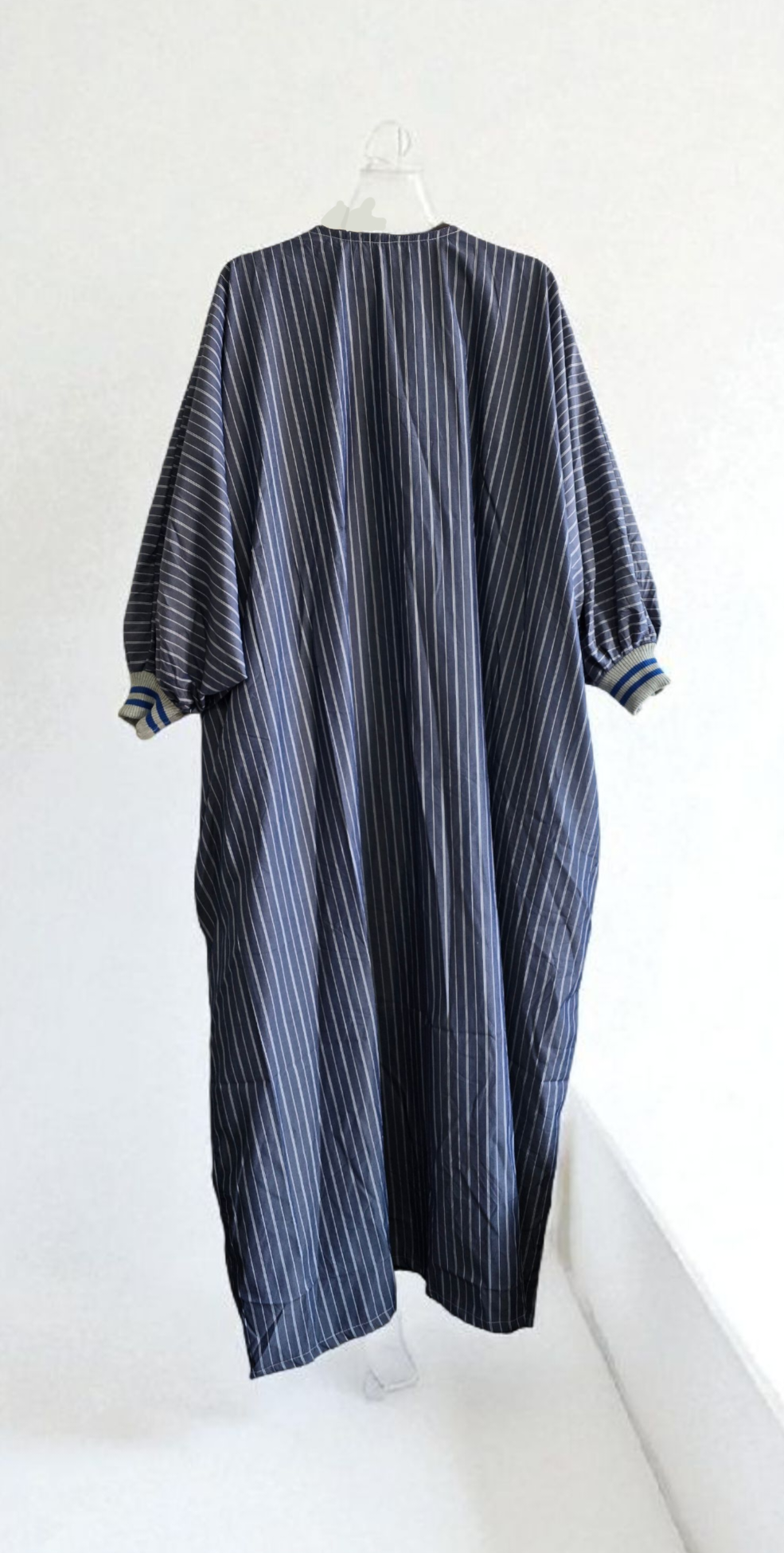 Navy Pinstripe Kaftan with Hand-Fringe Panel