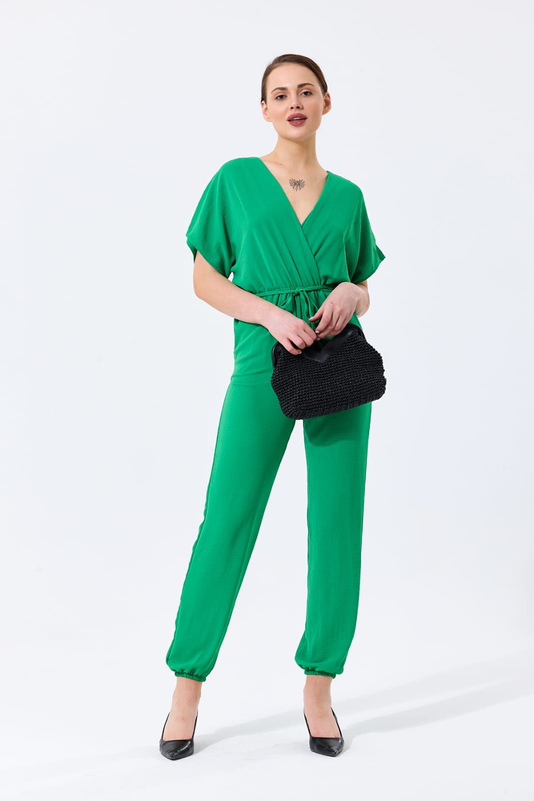Batwing Sleeve Elasticated
Waist Jumpsuit in Green