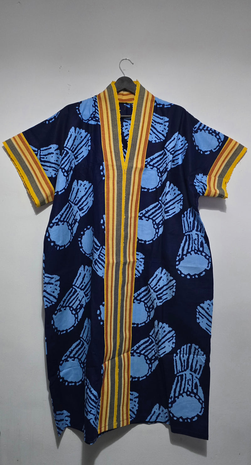 Indigo Drum Print Kaftan – Woven Trim