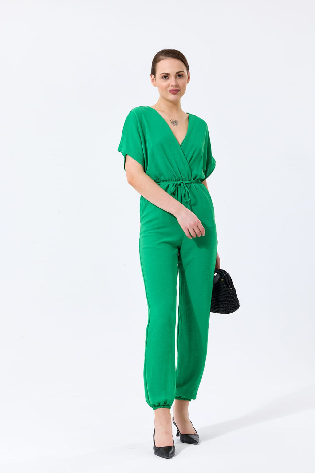 Batwing Sleeve Elasticated
Waist Jumpsuit in Green