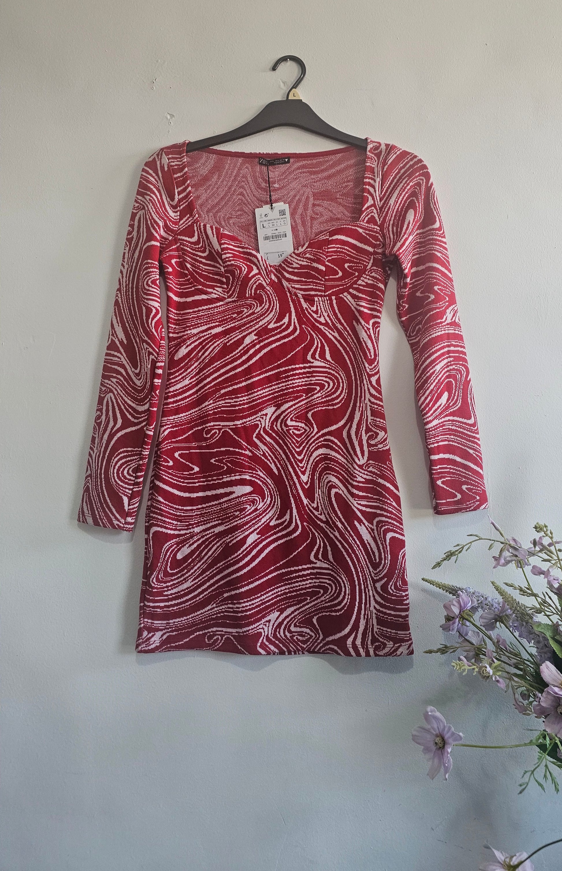 ZARA Red Swirl Print Mini Dress – Size L | Long Sleeve Bodycon Style