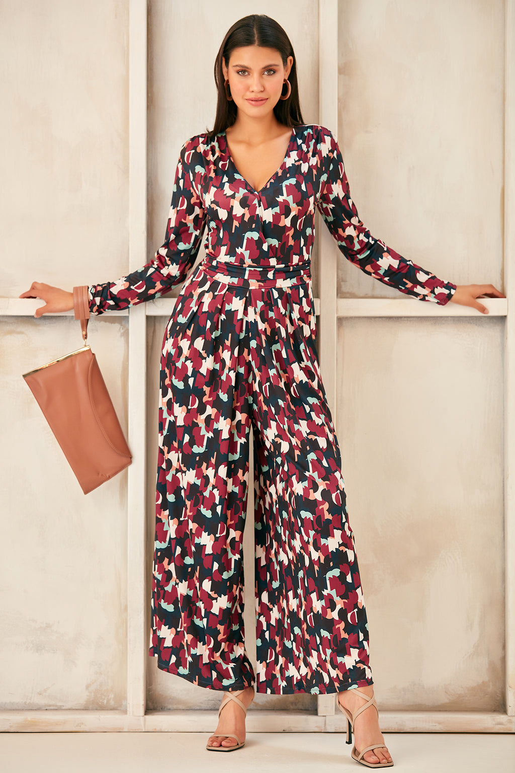 Wrap, Cullotte Jump Suit in Burgundy Geo Print  Size 10