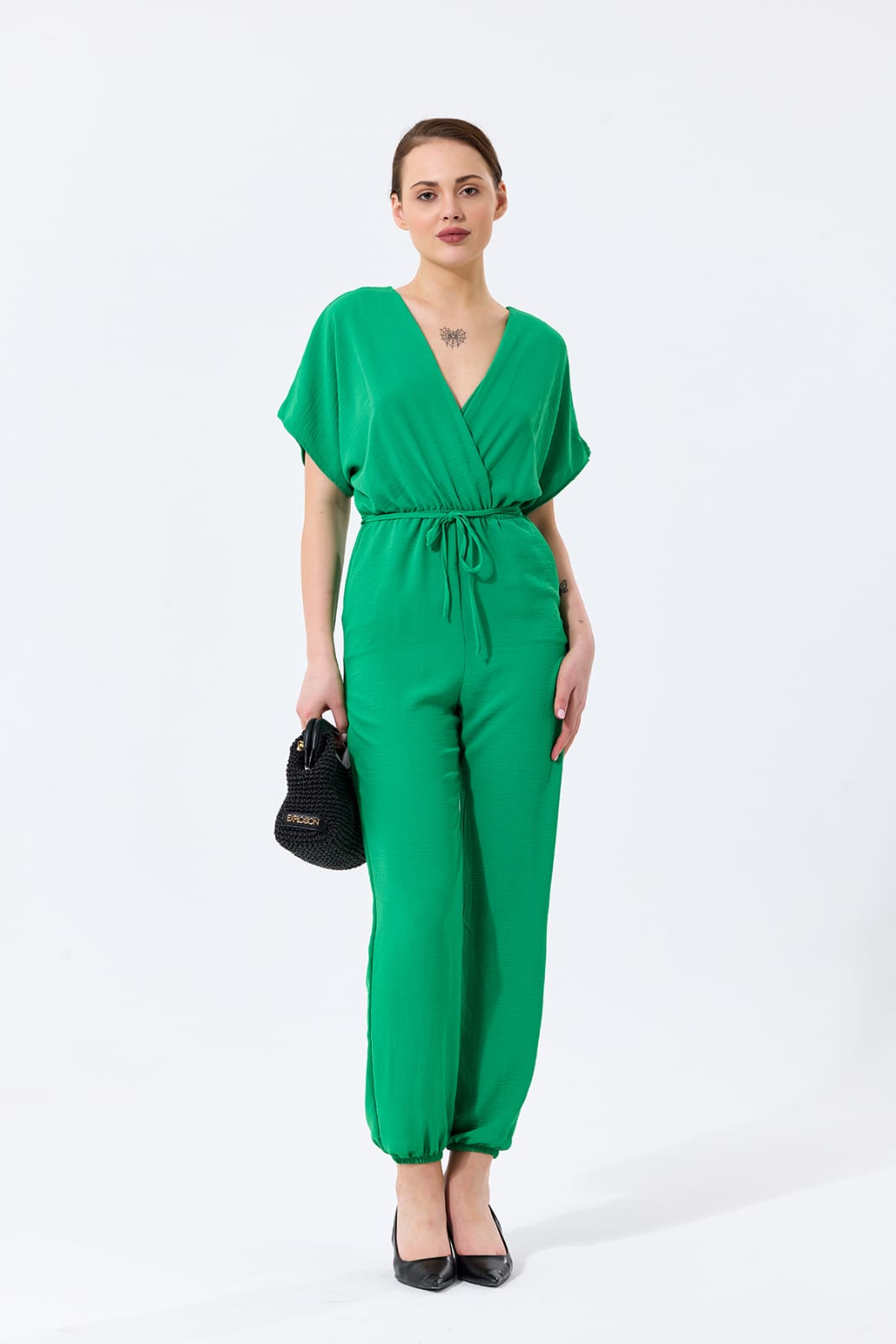 Batwing Sleeve Elasticated
Waist Jumpsuit in Green