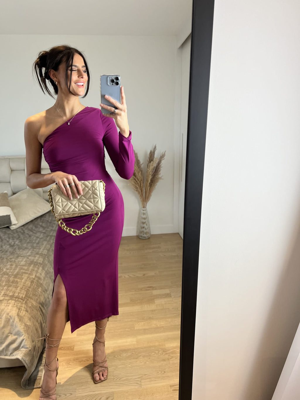 One Shoulder Midi Dress
with Side Slit in Fuchsia — Purple
