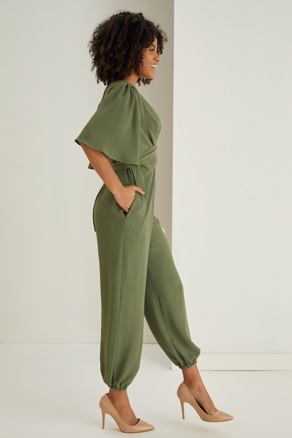 Jessica Angel Sleeve Wrap Jumpsuit in Khaki