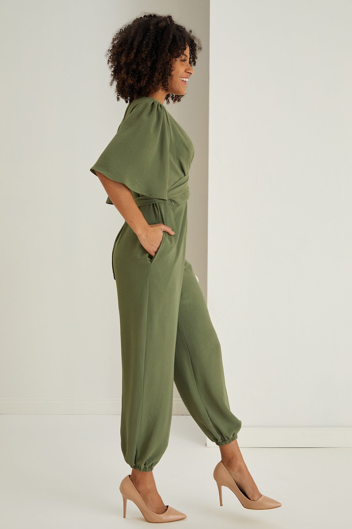 Jessica Angel Sleeve Wrap Jumpsuit in Khaki