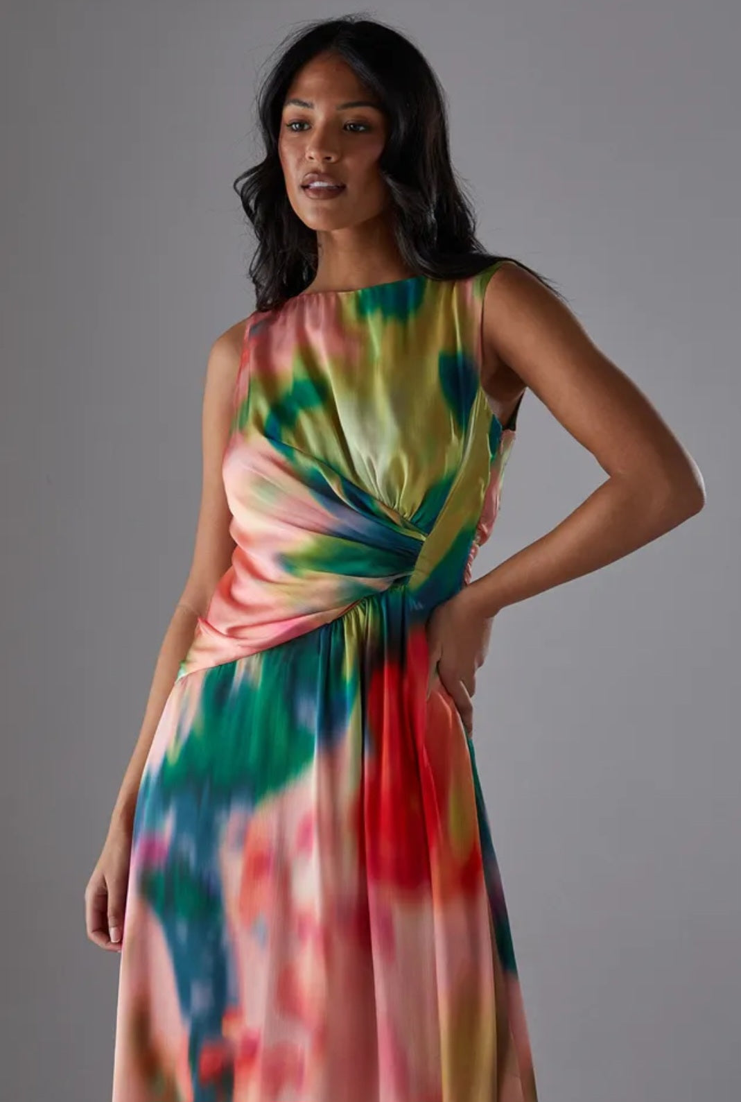 Warehouse
Printed Satin Sleeveless
Knot Front Asymmetric
Hem Midi Dress | Size 8