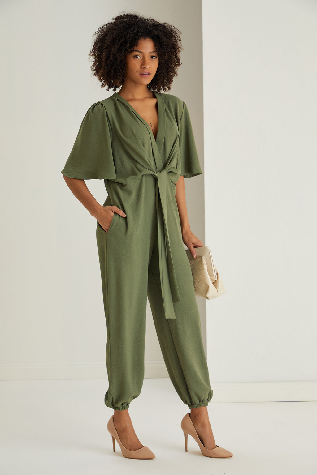 Jessica Angel Sleeve Wrap Jumpsuit in Khaki