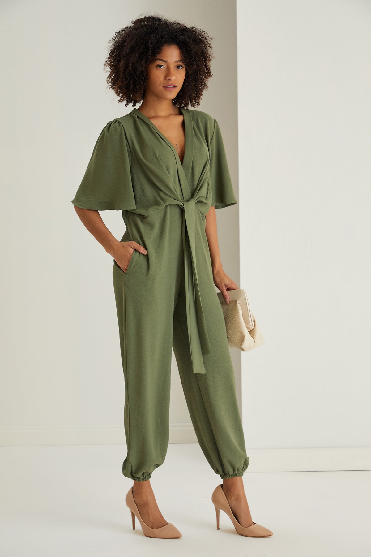 Jessica Angel Sleeve Wrap Jumpsuit in Khaki