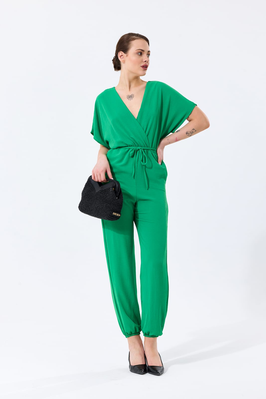 Batwing Sleeve Elasticated
Waist Jumpsuit in Green