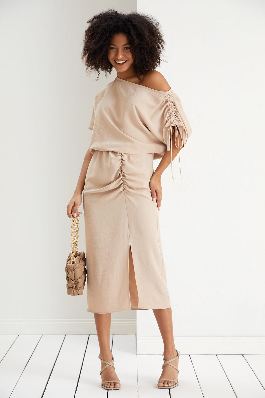 Off Shoulder Beige Midi Dress | Elegant Ruched Midi | Size 14