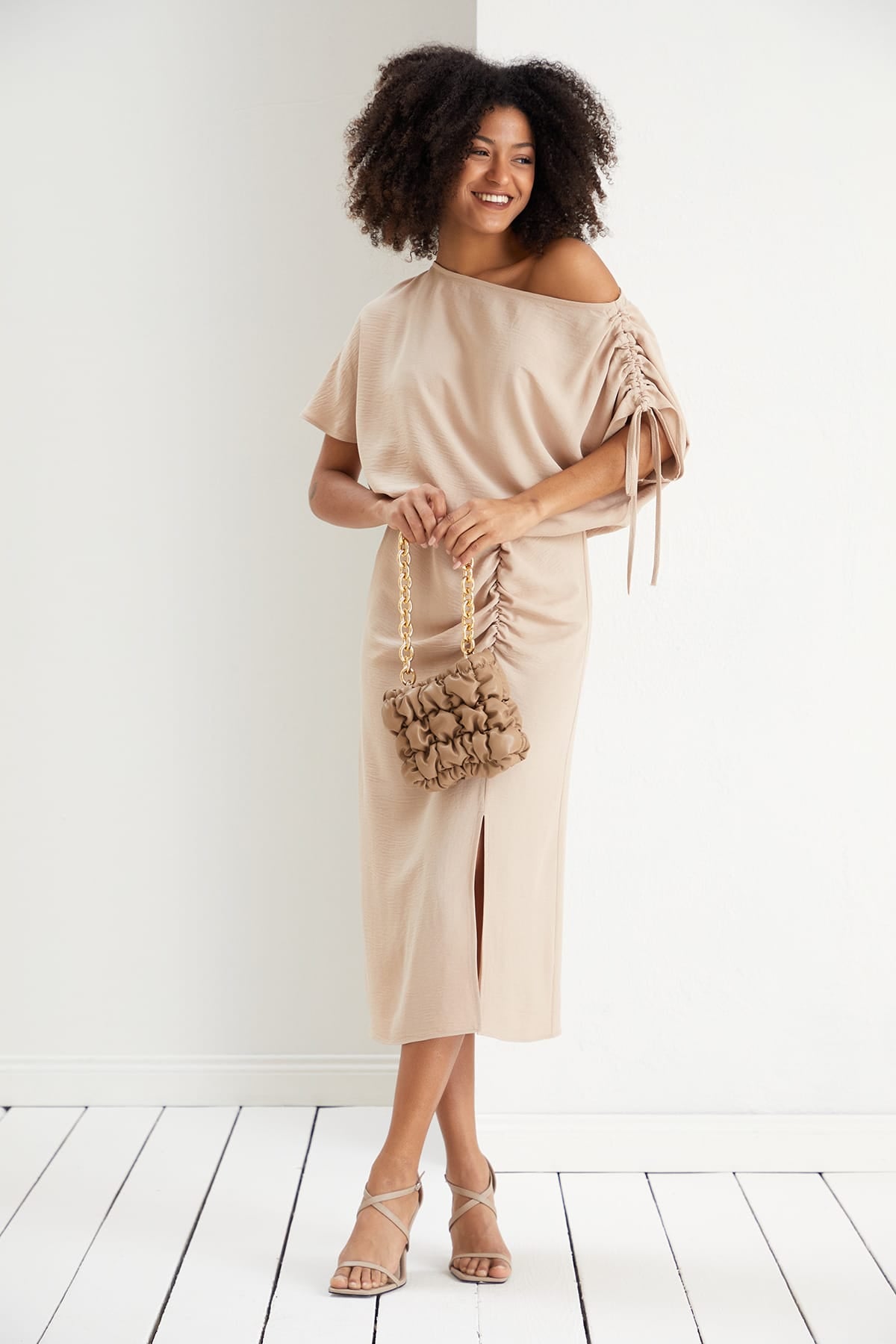 Off Shoulder Beige Midi Dress | Elegant Ruched Midi | Size 14