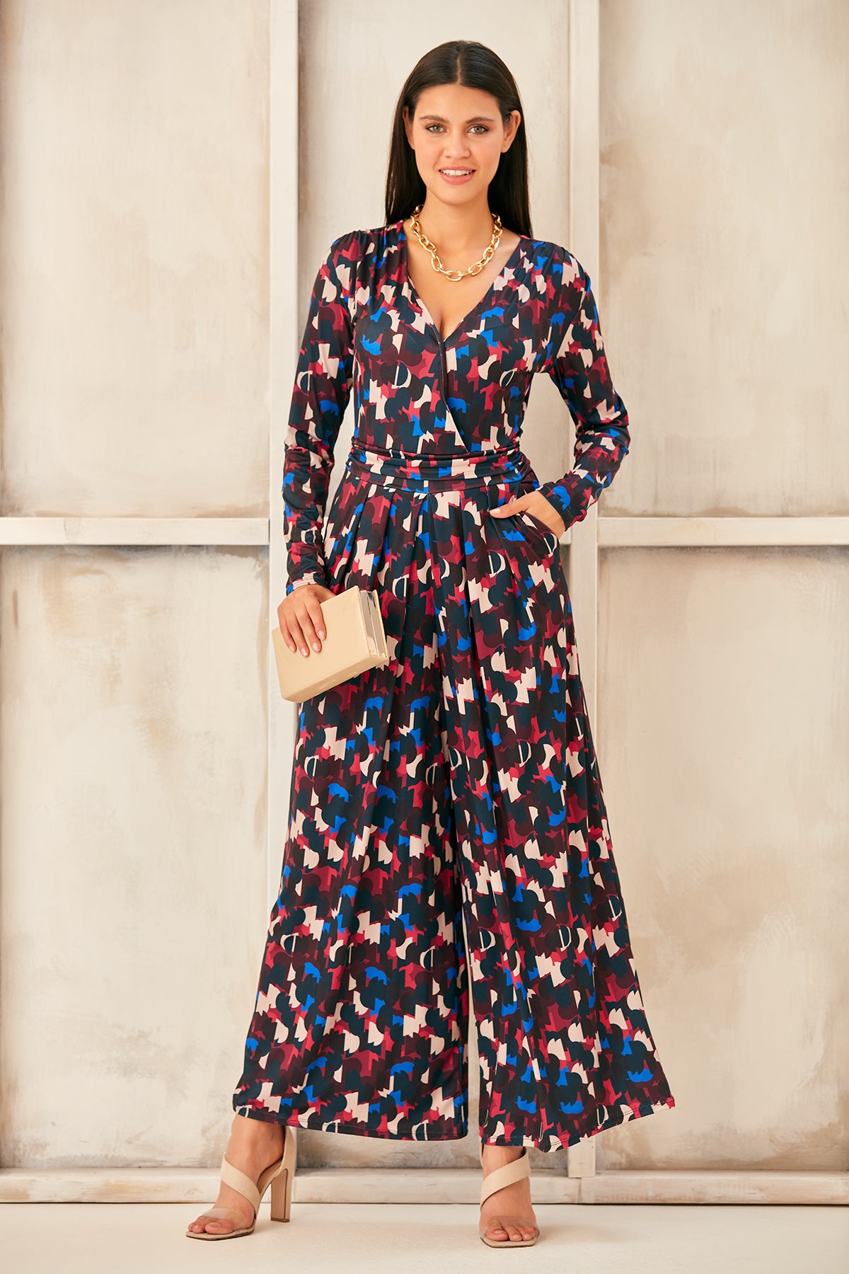 Wrap, Cullotte Jump Suit in Burgundy Geo Print  Size 10