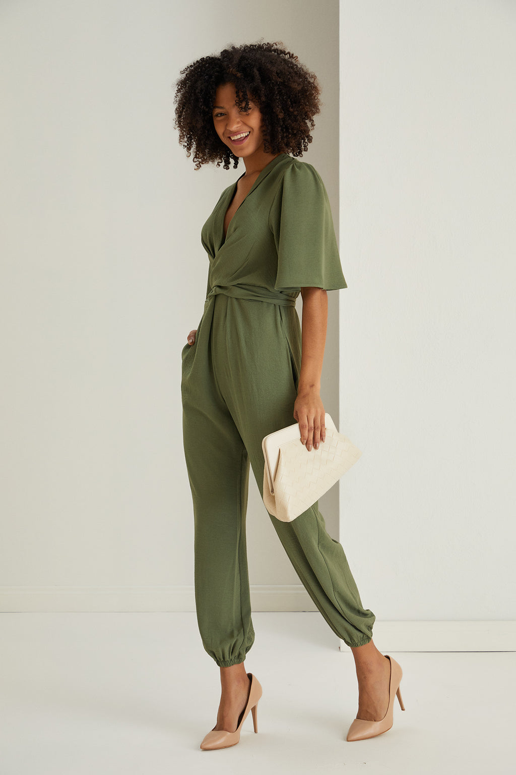 Jessica Angel Sleeve Wrap Jumpsuit in Khaki