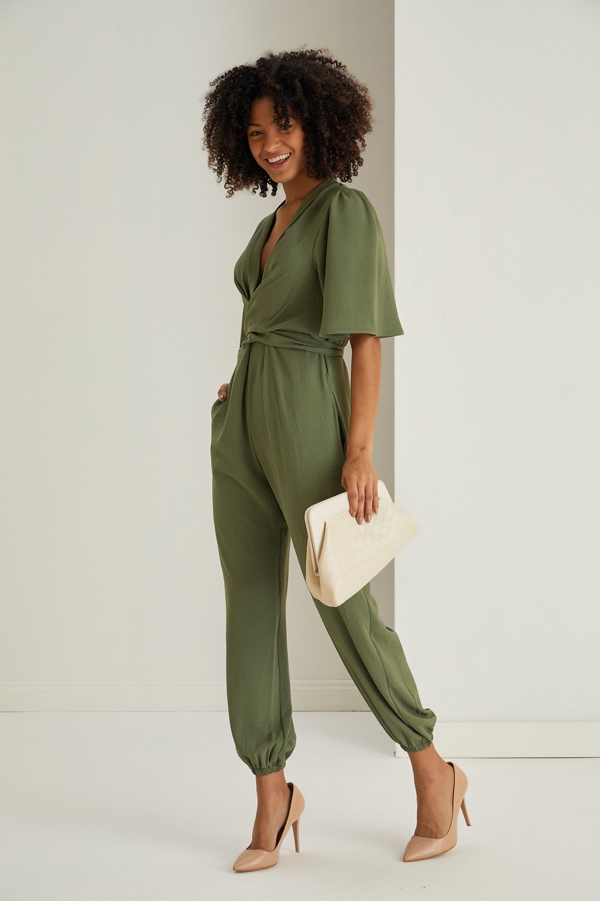 Jessica Angel Sleeve Wrap Jumpsuit in Khaki