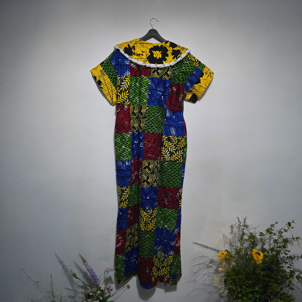 Lace-Collar Patchwork Kaftan Dress