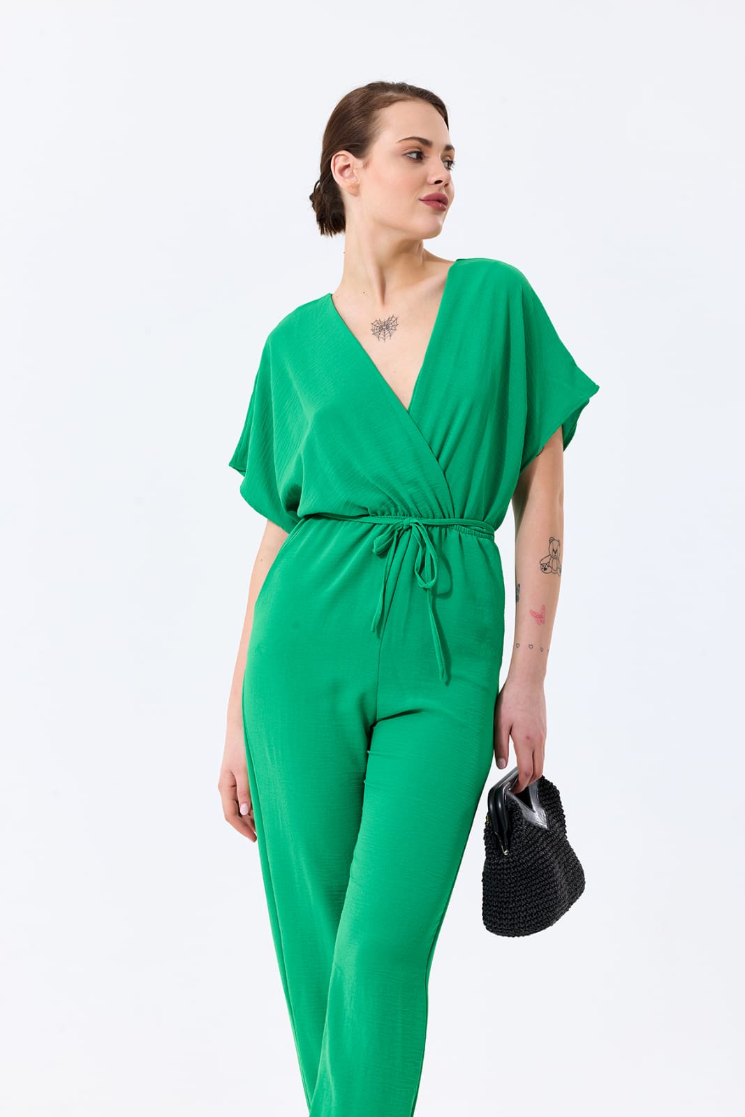 Batwing Sleeve Elasticated
Waist Jumpsuit in Green