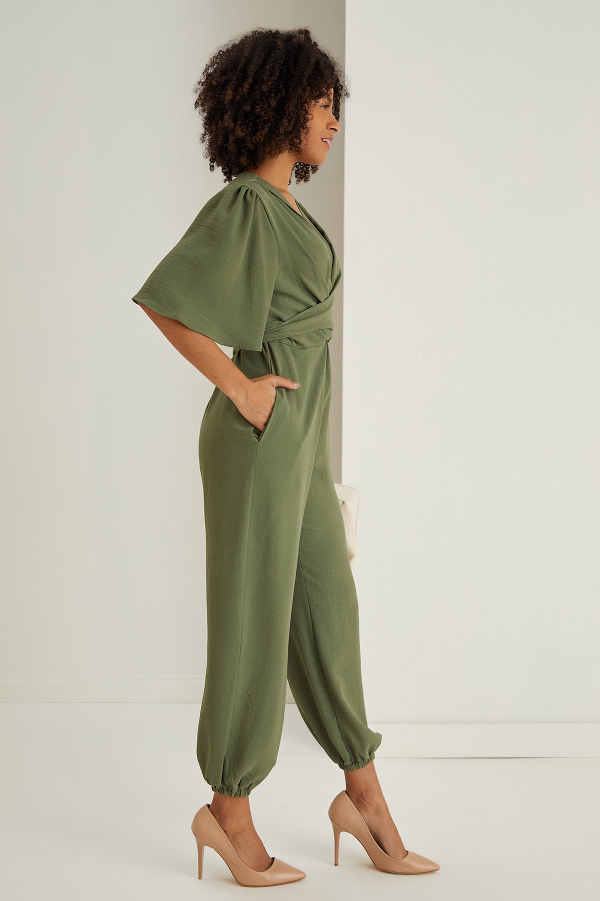 Jessica Angel Sleeve Wrap Jumpsuit in Khaki