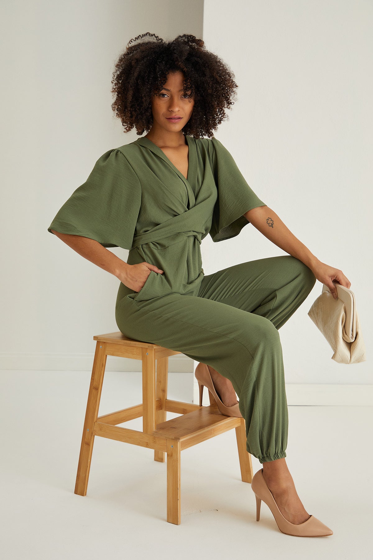 Jessica Angel Sleeve Wrap Jumpsuit in Khaki