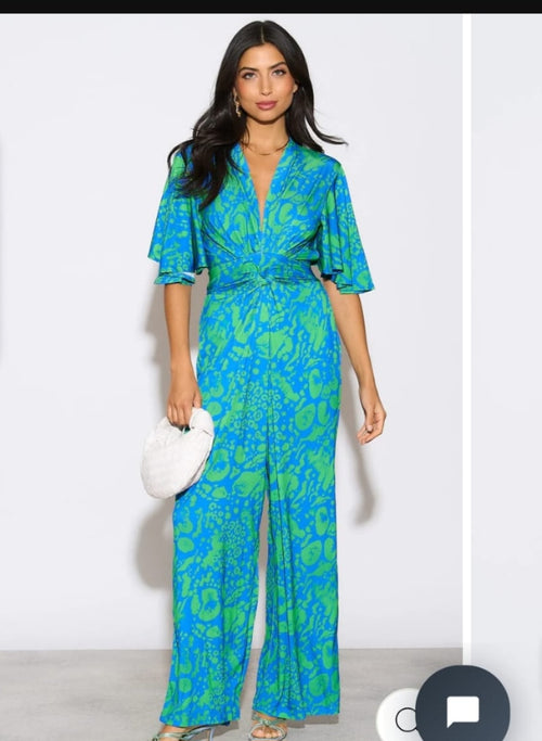 Angel Sleeve Twist Maxi
Jumpsuit in Tropical Green
print