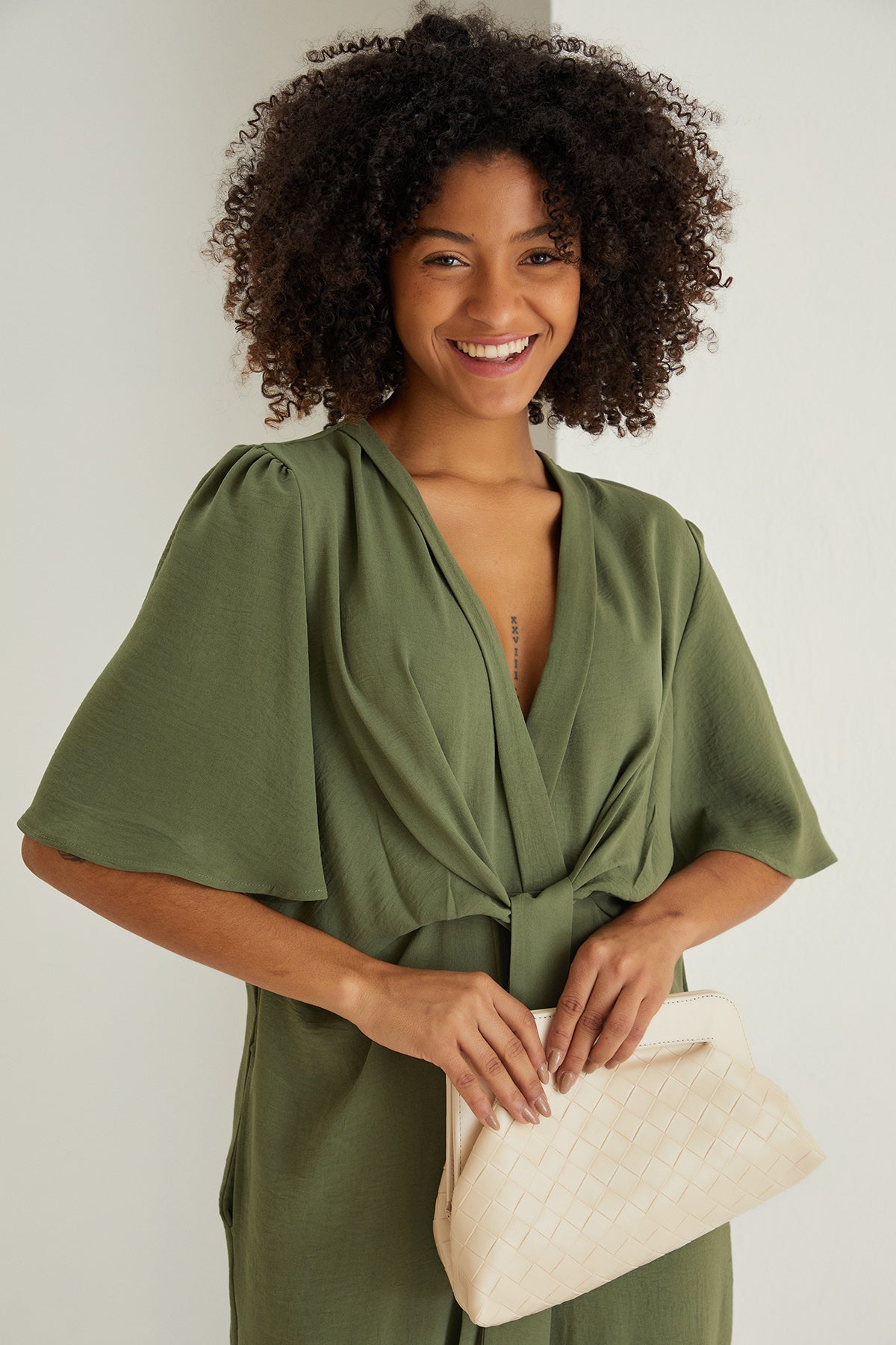 Jessica Angel Sleeve Wrap Jumpsuit in Khaki