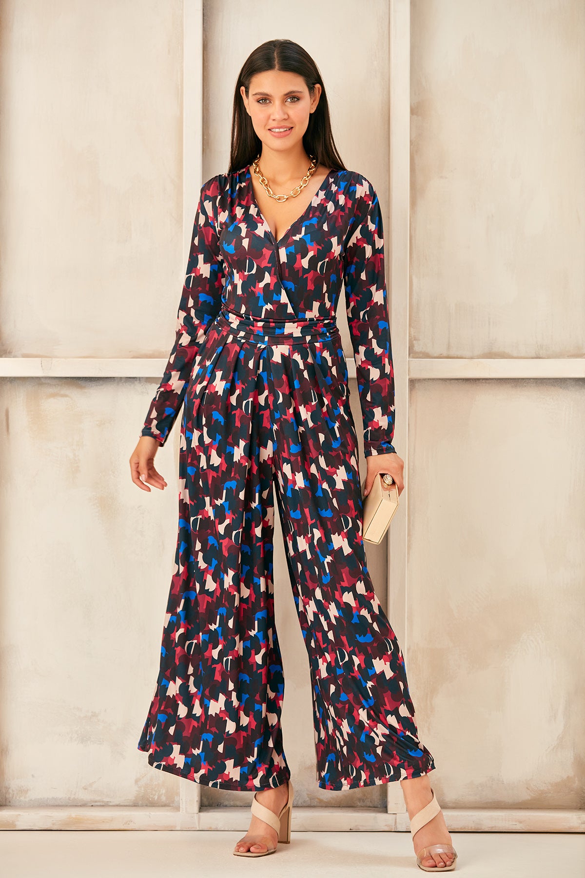 Wrap, Cullotte Jump Suit in Burgundy Geo Print  Size 10