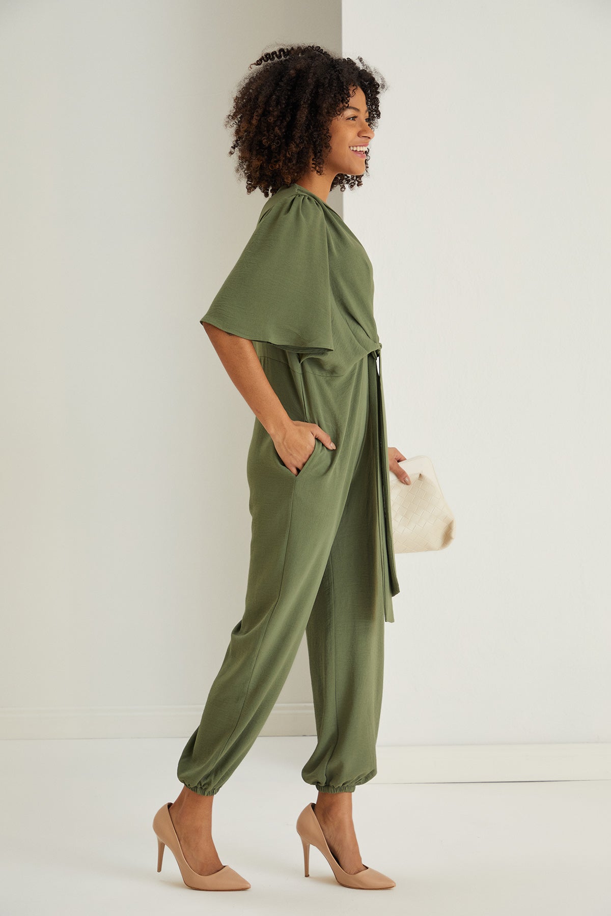 Jessica Angel Sleeve Wrap Jumpsuit in Khaki