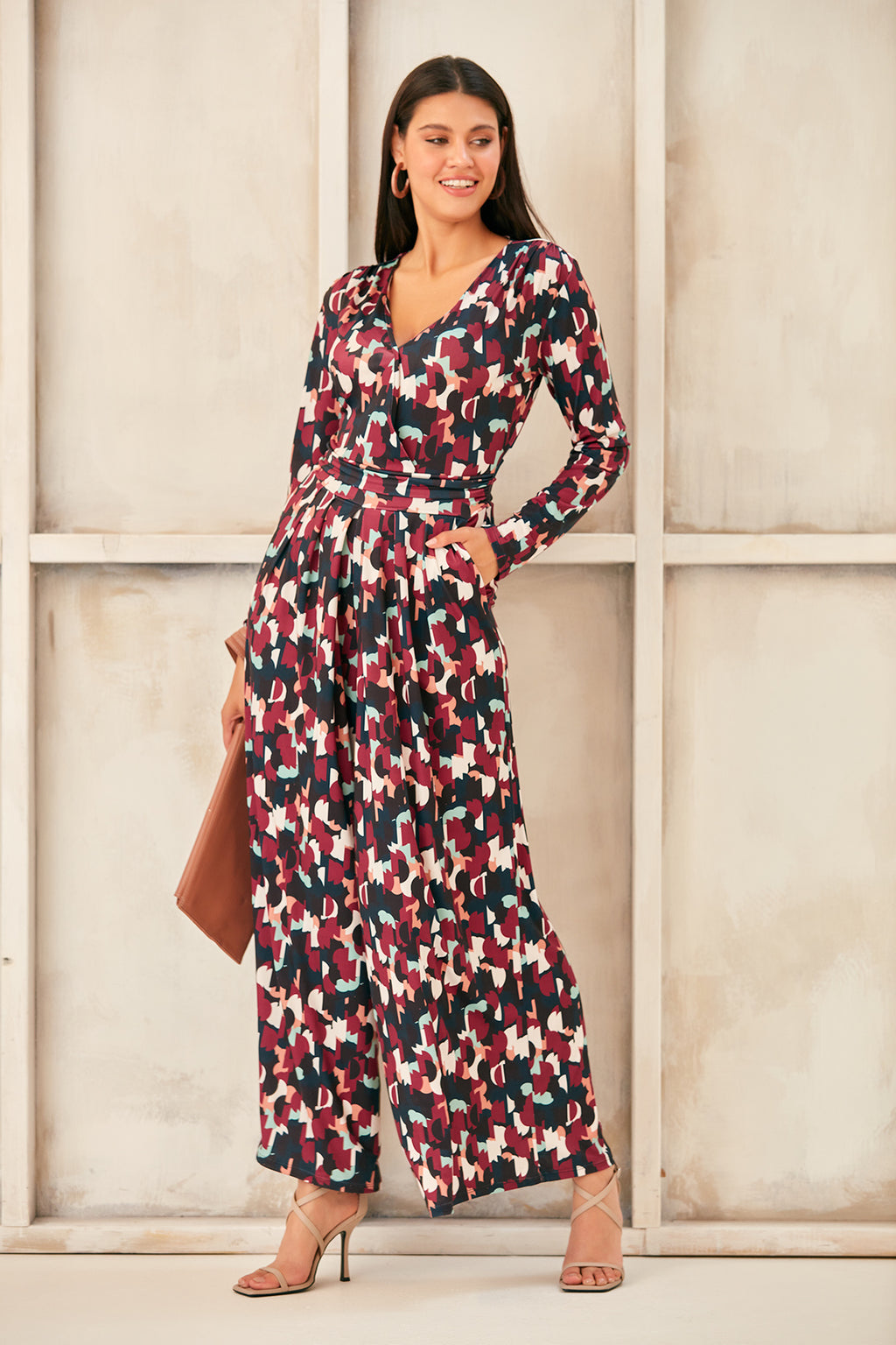 Wrap, Cullotte Jump Suit in Burgundy Geo Print  Size 10