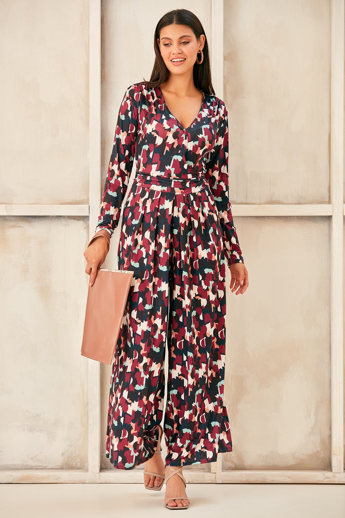 Wrap, Cullotte Jump Suit in Burgundy Geo Print  Size 10