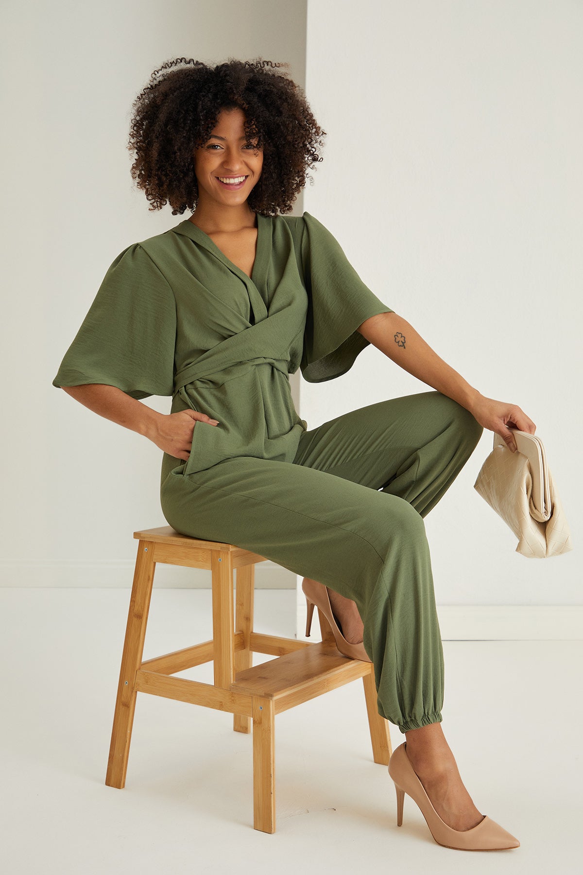 Jessica Angel Sleeve Wrap Jumpsuit in Khaki