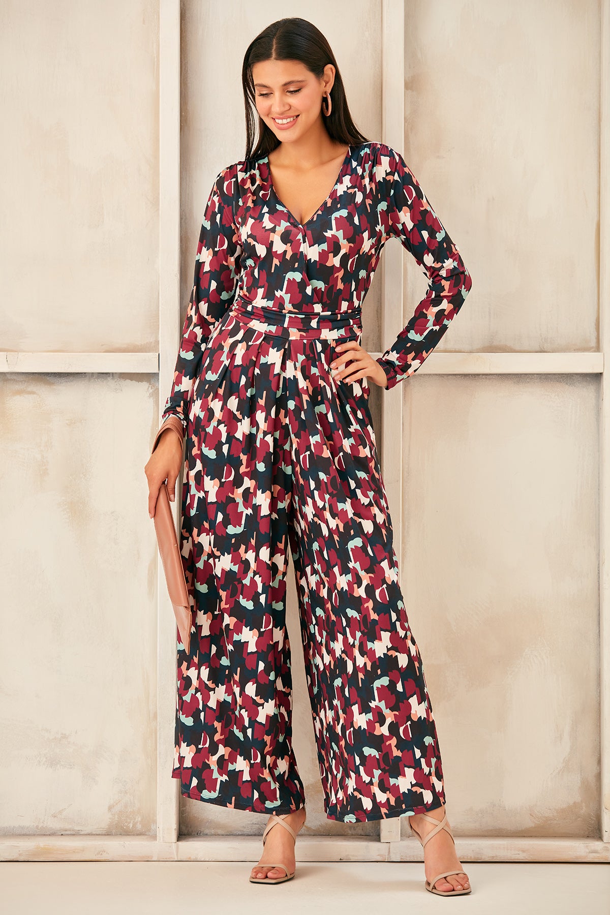 Wrap, Cullotte Jump Suit in Burgundy Geo Print  Size 10