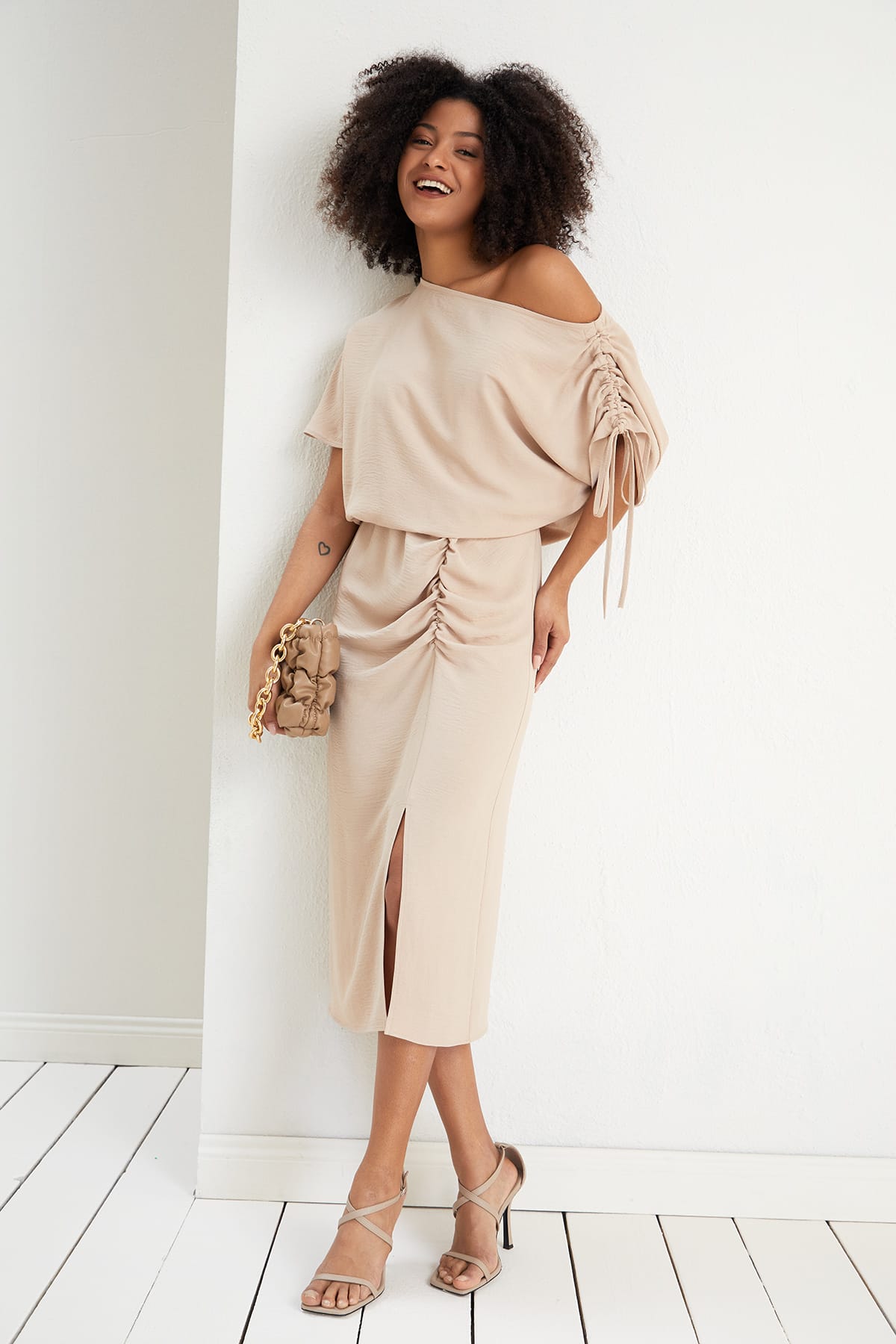 Off Shoulder Beige Midi Dress | Elegant Ruched Midi | Size 14