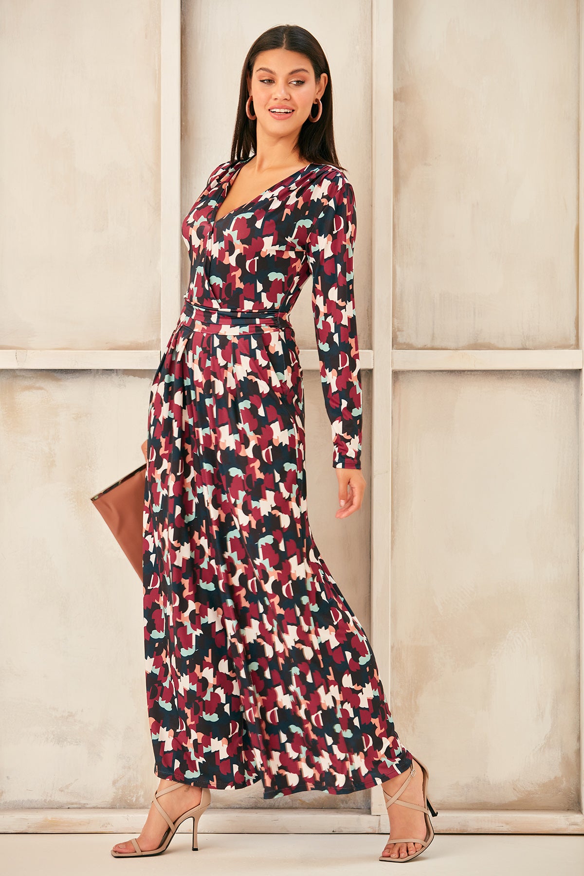 Wrap, Cullotte Jump Suit in Burgundy Geo Print  Size 10