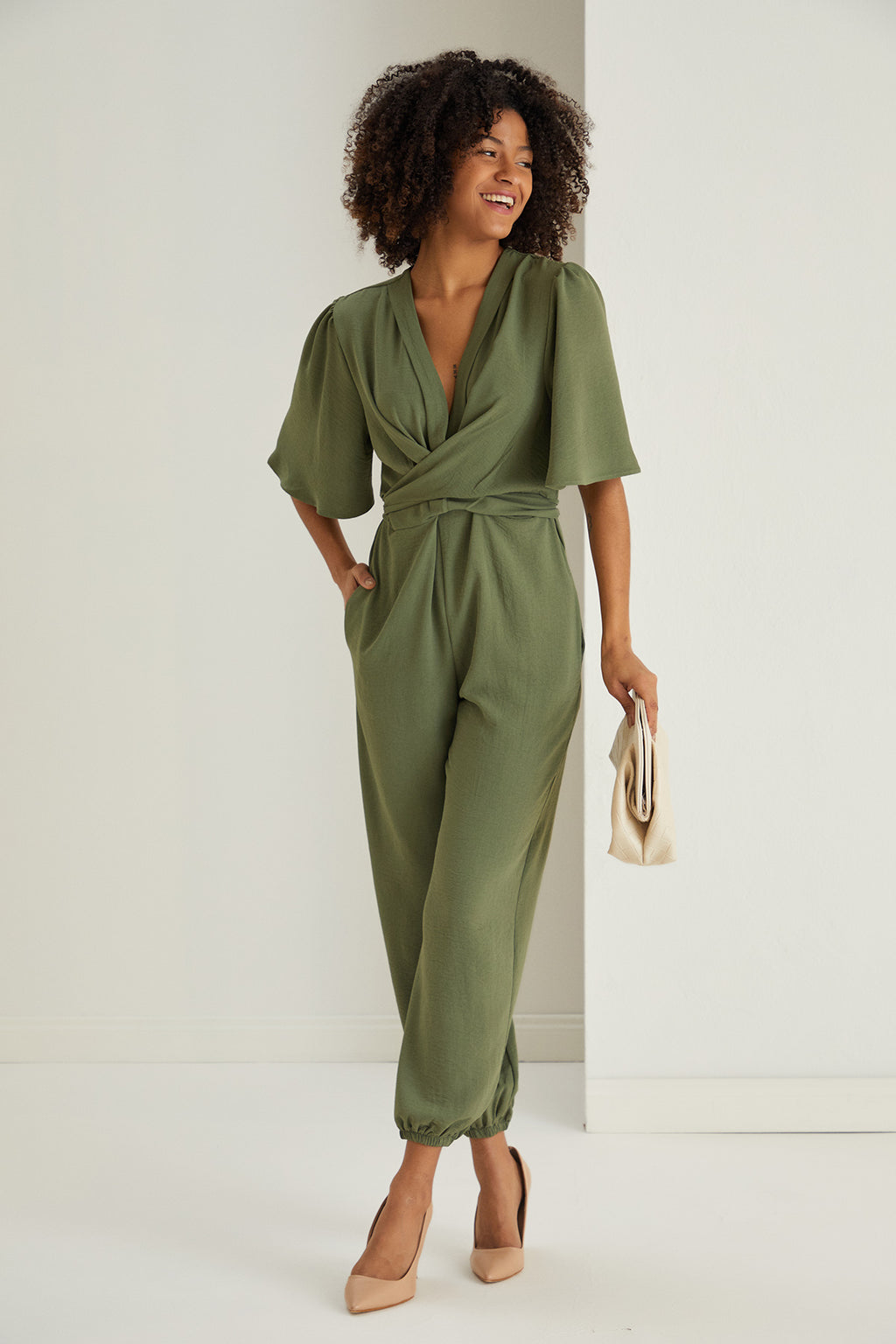 Jessica Angel Sleeve Wrap Jumpsuit in Khaki