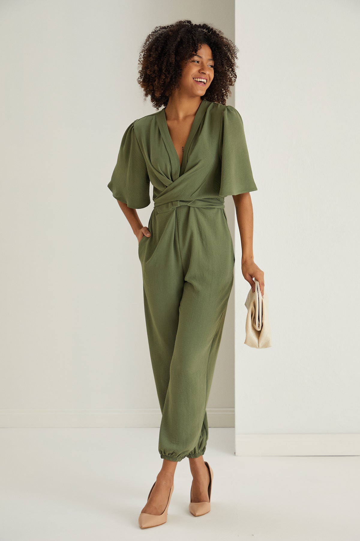 Jessica Angel Sleeve Wrap Jumpsuit in Khaki