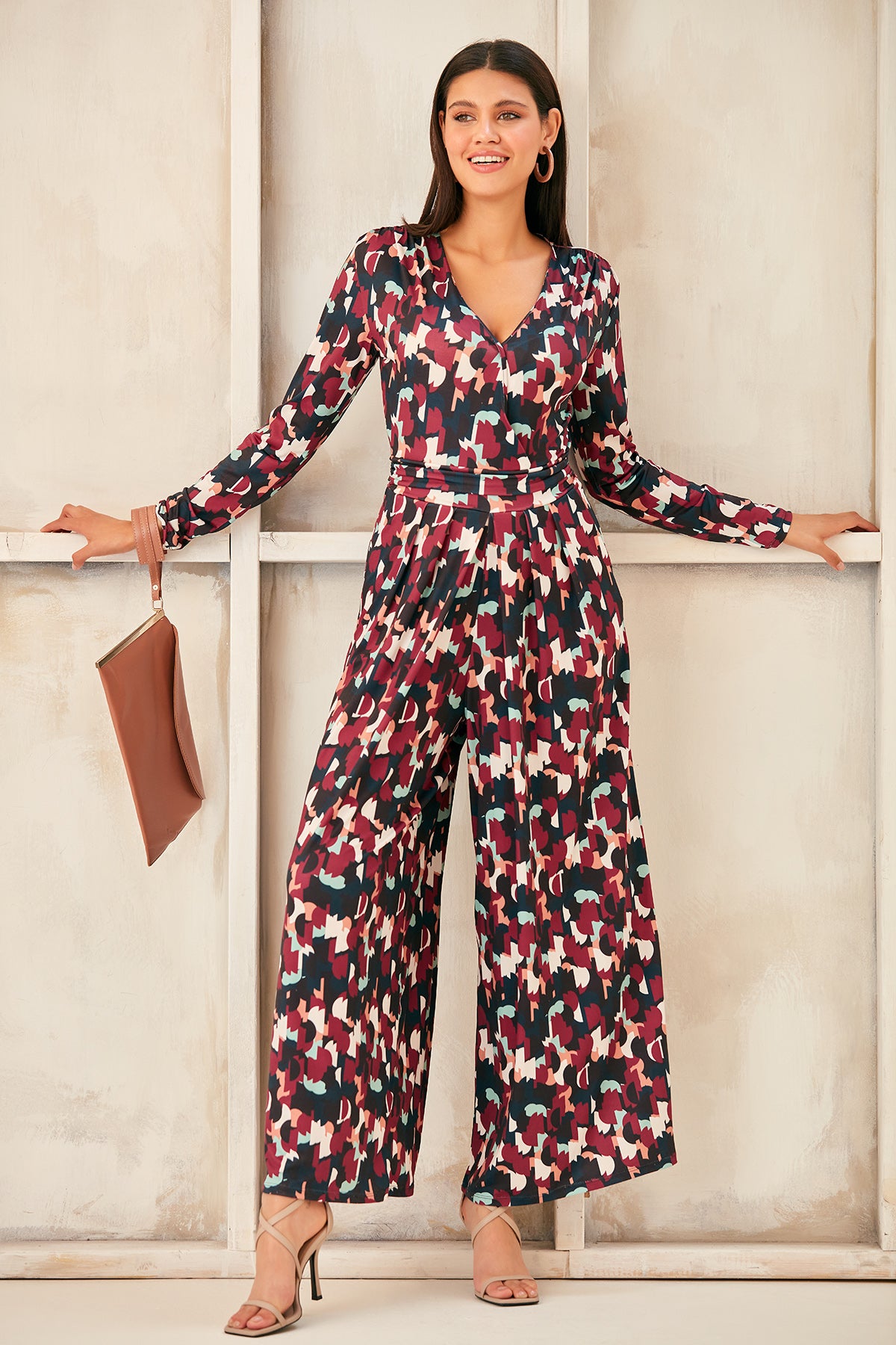 Wrap, Cullotte Jump Suit in Burgundy Geo Print  Size 10