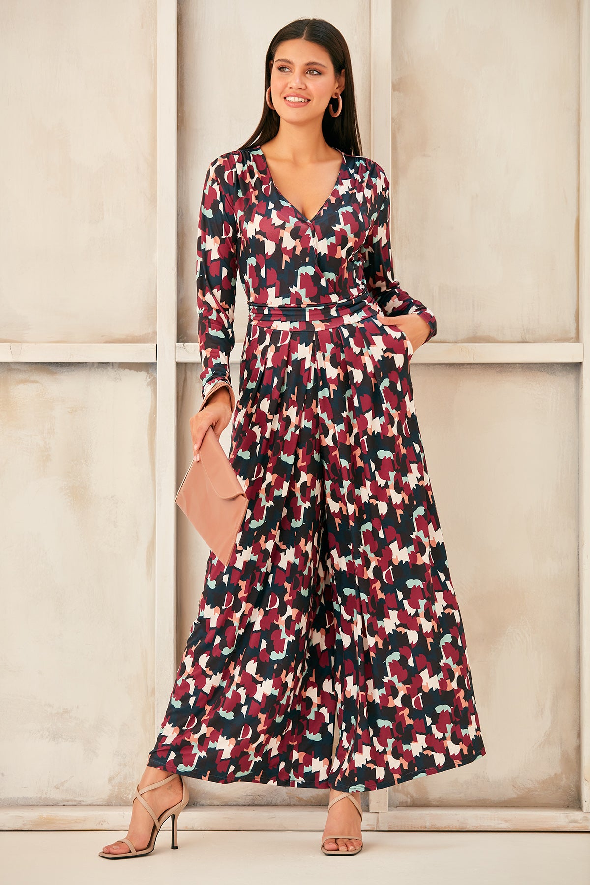 Wrap, Cullotte Jump Suit in Burgundy Geo Print  Size 10