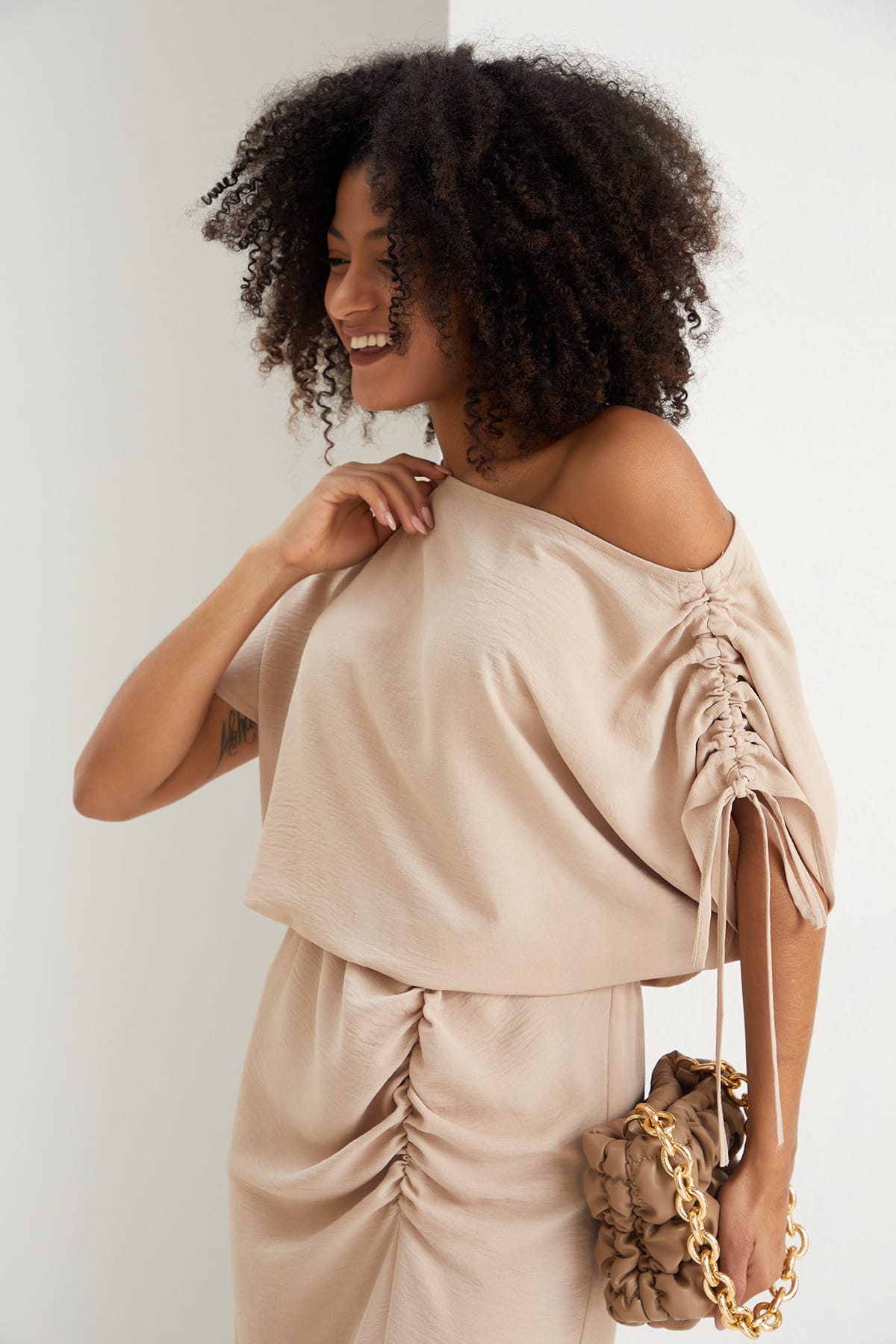 Off Shoulder Beige Midi Dress | Elegant Ruched Midi | Size 14